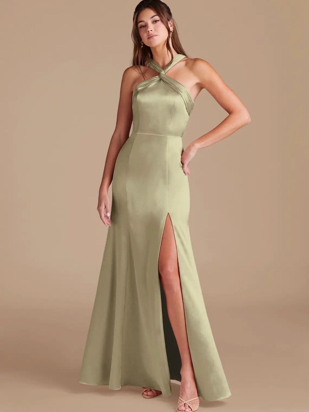 Azazie Moss Green Mermaid Pleated Metallic Satin Dress